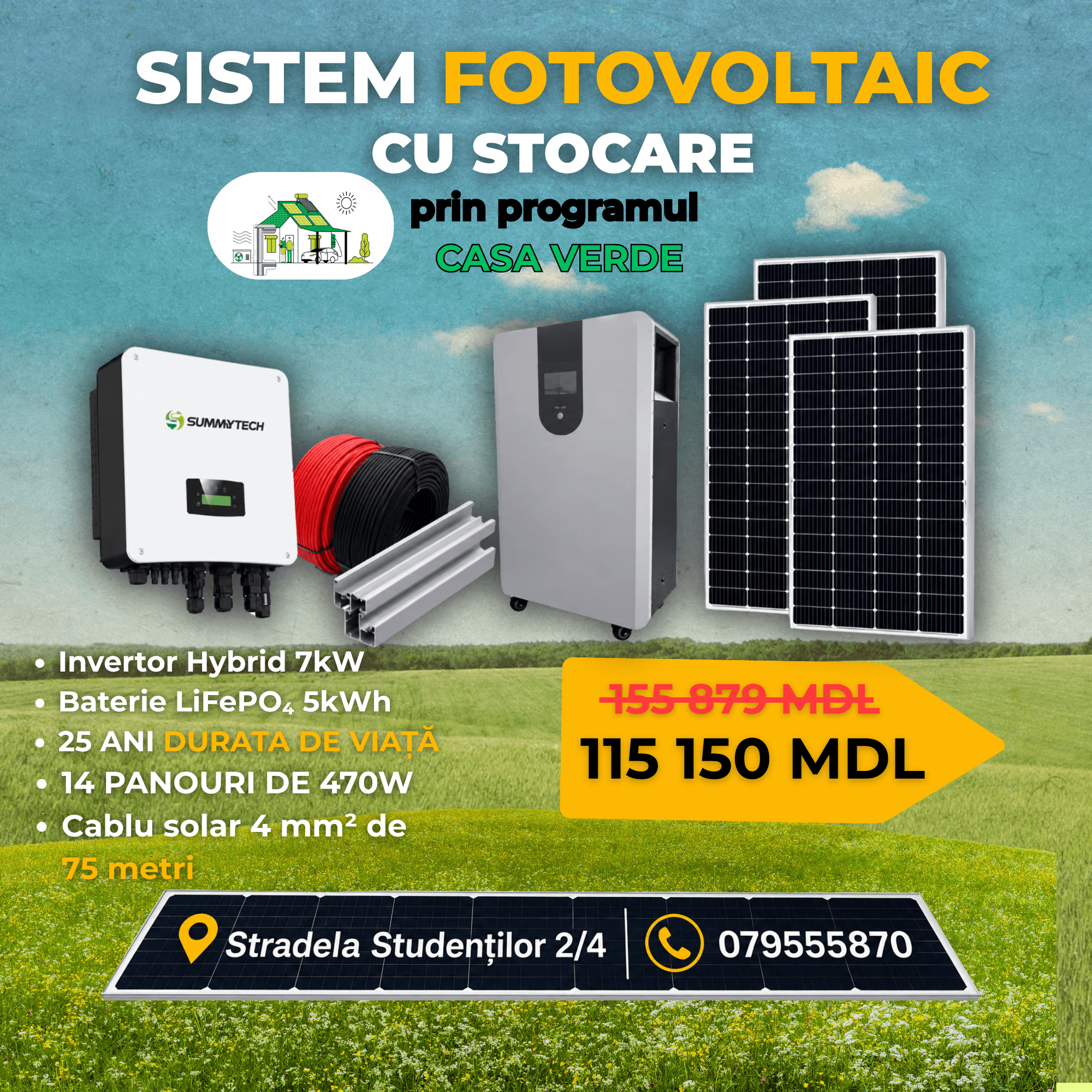 115150 Stație Solară Hibridă 7 kW + Acumulator 5 kW LiFePO4 „LA CHEIE” CASA VERDE Moldova | Chișinău - imagine 1
