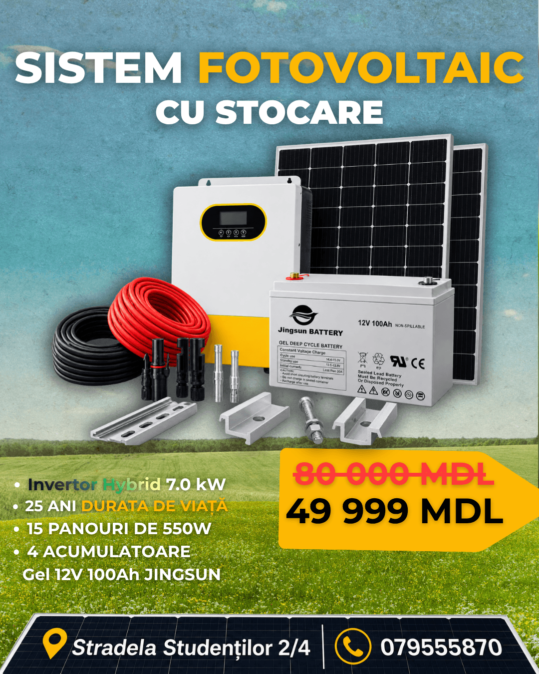 49999 Sistem Fotovoltaic Hibrid 7kW Cu 15 Panouri Solare, Acumulatori GEL Și Cablu Pentru Instalare - imagine 1