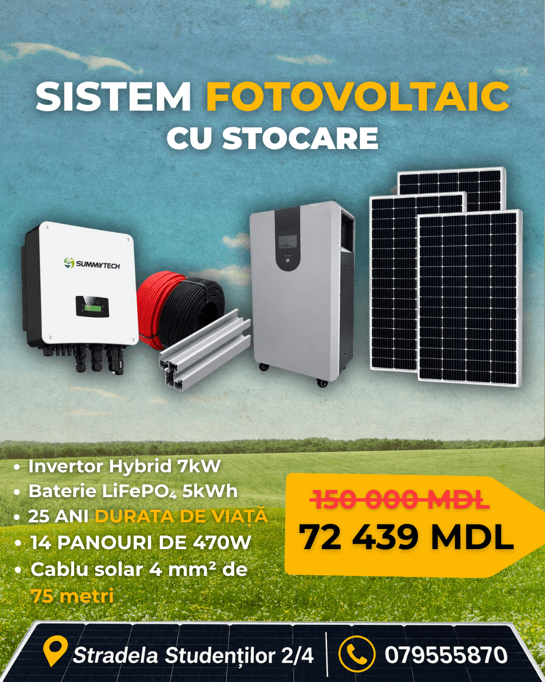 72439 đ Sistem Fotovoltaic Complet 7kW Hybrid cu Baterie LiFePOâ 5kWh â 14 Panouri, Invertor JingSun, Accesorii Incluse - imagine 1