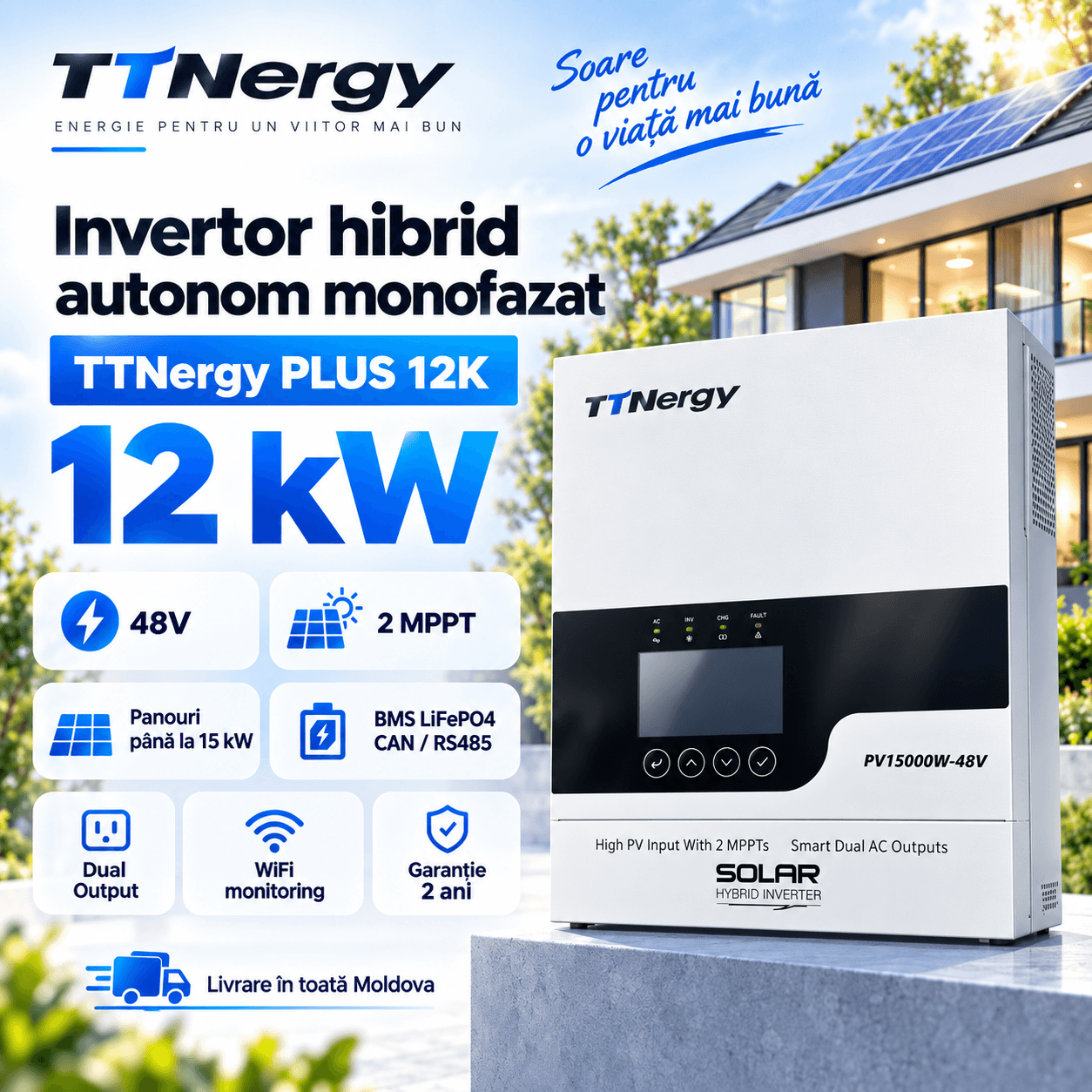 baner Гибридный однофазный инвертор TTNergy PLUS 12K 12 кВт 48V, Dual MPPT до 15 кВт PV, CAN/RS485, WiFi — изображение 1