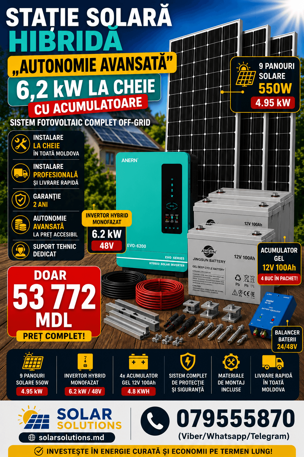 SCE EVO 6.2KW baner Гибридная солнечная станция «Продвинутая Автономность» 6,2 кВт под ключ с аккумуляторами | Кишинёв, Молдова — изображение 1